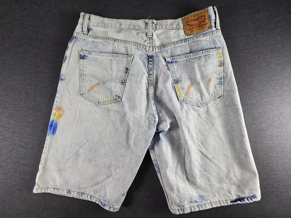 Levi's 569 Shorts Mens 36 Blue Light Wash Denim Paint Splatter Artistic Bermuda